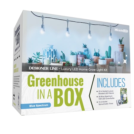 Miracle Led 4-Socket Designer Greenhouse in a Box Grow Lght Kit, Blue Spec, 14W Rplc 150W Grow Bulbs Timer, 2PK 801793